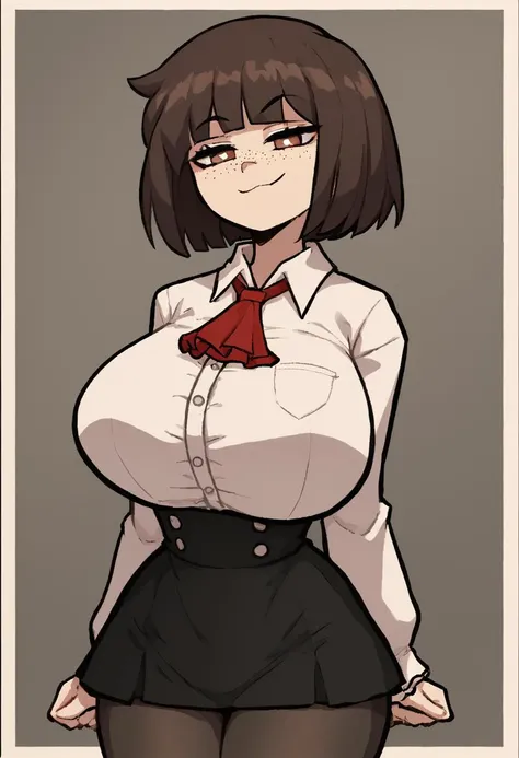 score_9, score_8_up, score_7_up, solo,
BREAK
1girl, smug, large breasts, solo, wide hips, freckles,
{tildevtuber}, 1girl, solo, breasts, looking_at_viewer, smile, skirt, large_breasts, brown_hair, shirt, long_sleeves, brown_eyes, standing, upper_body, white_shirt, pantyhose, frills, collared_shirt, black_skirt, black_pantyhose, ascot, high-waist_skirt, meme_attire, red_ascot, virgin_killer_outfit, {bob_cut}, (swept bangs:0.5), centerfrills,
<lora:Tilde:1> <lora:MERGE__PonyXlAnimeMaleStyle-V0.1-step00002100_1__MaleStyle-V01_0.8__MaleStyle-V0.2_0.6V4:1>