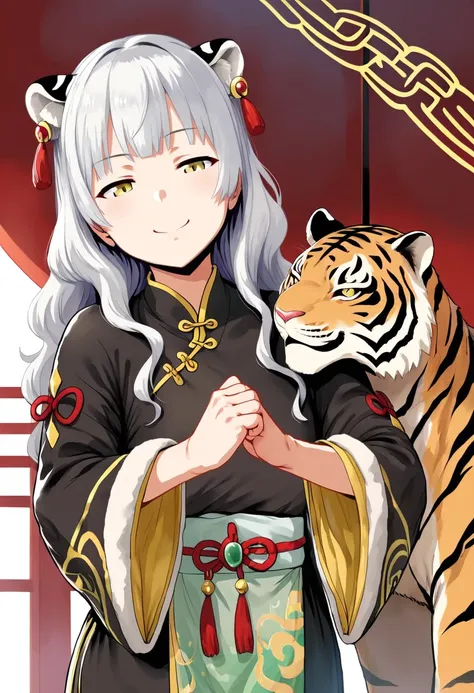 score_9, score_8_up, score_7_up, score_6_up, score_5_up, score_4_up, best quality, high quality, rating_safe, source_anime, BREAK
<lora:bainianPoseXL:1> (bainian pose, palm-fist greeting), (1girl:1.2), smile, facing viewer, chinese dragon, hanfu, white hair, striped tiger ears, white tiger ears, black robe, yellow eyes, wavy hair, embroidery,  one side up, playful, tsurime, raised eyebrow, layered sleeves, short over long sleeves, traditional clothes, black silk, black tulle, see-through, wide sleeves, winter clothes, warm clothes, fur trim, gold accessories, jade, gem, fringe trim, tassel, blunt bangs, half-closed eyes, buttons, strap, bangs pinned back, hair slicked back, half updo, hair ring
 pija \(pianiishimo\), (hero neisan:0.67), ikuchan kaoru, (takeda hiromitsu),  hews