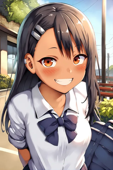Anime girl with long black hair and a white shirt and blue bow tie ...