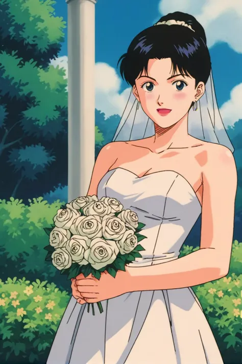 best quality,masterpiece,looking at viewer,absurdres,1girl,score_9,score_8_up,score_7_up,source_anime BREAK <lora:042-çç¯®é«æ-ç¸ç°å¼¥çXLV1:0.7>,1990s \(style\),retro artstyle,aida yayoi,blue eyes,black hair,short hair,lipstick,makeup,wedding dress,white dress,veil,garden,outdoors,standing,holding bouquet,blue sky,cloud,smile,half updo,french braid,ponytail