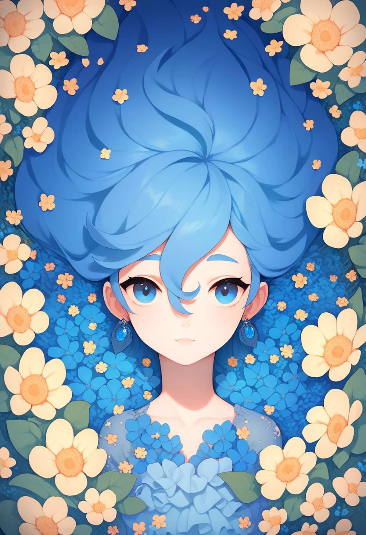 score_9, score_8_up, score_7_up, score_6_up, score_5_up, score_4_up, <lora:blu3sXLP:0.7> blu3s, 1girl, flowers, blue hair, blue eyes,