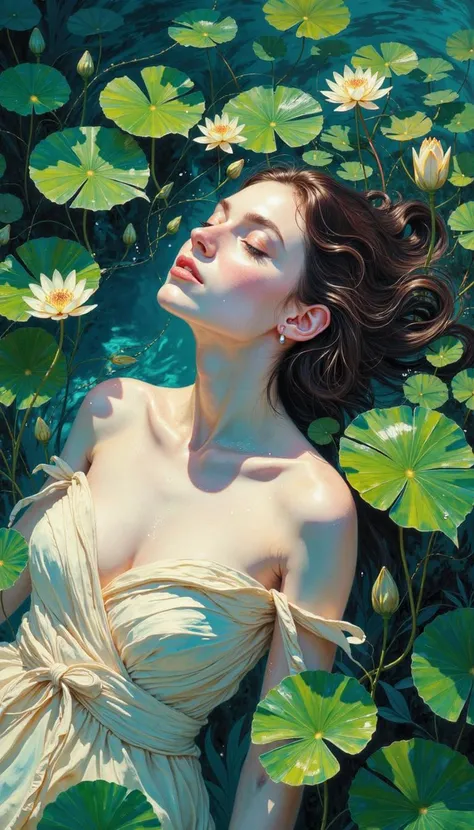 Best quality,masterpiece,1girl,upper body,(nude:1.1),beautiful_face,eyebrows_visible_through_hair,lily_\(flower\),Holding the red rose,from_side,Classical oil painting,Monet,Lying among the flowers,dynamic_pose,