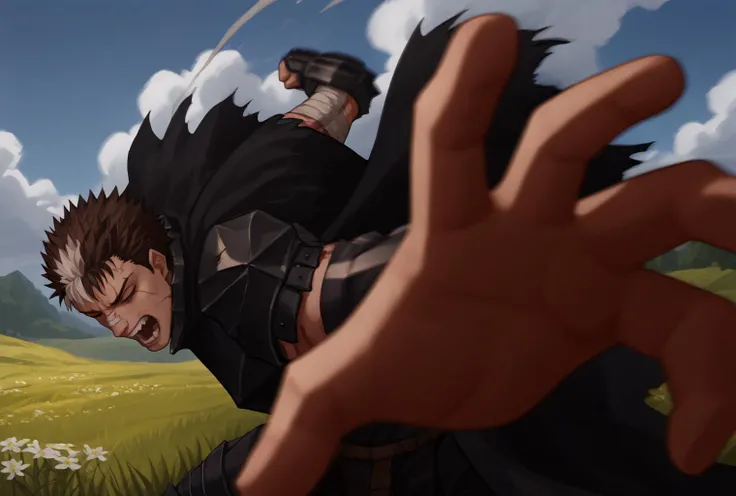 score_9, score_8_up, score_7_up, source_anime, <lora:PepePunchMeme_XLPD:0.9>, IncrsPunchMeme, incoming punch, motion blur, motion blur,
<lora:GutsPdxlDwnsty:0.9>, Guts_Armor, brown eyes, short hair, multicolored hair, spiked hair, scar on nose, scar, one eye closed, muscular male, black armor, shoulder armor, gauntlets, greaves, bandaged arm, black cape, torn cape,
medieval, cloudy sky, sunlight, outdoors, grass, flower field, open mouth, shouting, teeth, screaming, angry, furious,