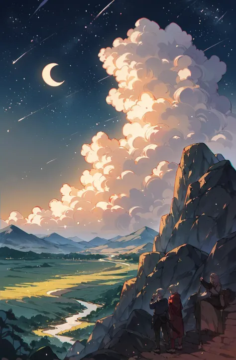 score_9,score_8_up,score_7_up,score_6_up,score_5_up,score_4_up outdoors,sky,cloud,no humans,night,moon,cloudy sky,star (sky),night sky,scenery,starry sky,rock,mountain,crescent moon <lora:Lora_ciloranko-artist-v1:0.8> ach_ciloranko-artist, chromatic aberration