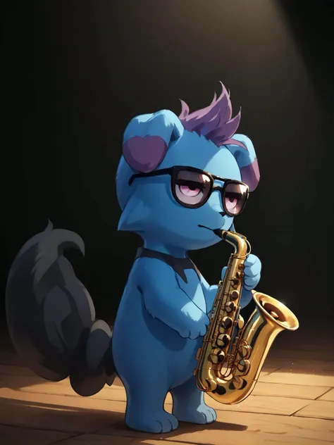 score_9, score_8_up, score_7_up, score_6_up, score_5_up, score_4_up, inside, darkness, black background, solo, wood floor, spotlight, close-up, side view, cinematic lighting BREAK
<lora:Sheeps_Saxophone:0.8> SH_S4X, <lora:Depresso_PDXL_v21-000010:0.9> Depresso, blue body, purple hair, pink eyes, black tail, (sunglasses:1.1), standing, playing instrument, saxophone