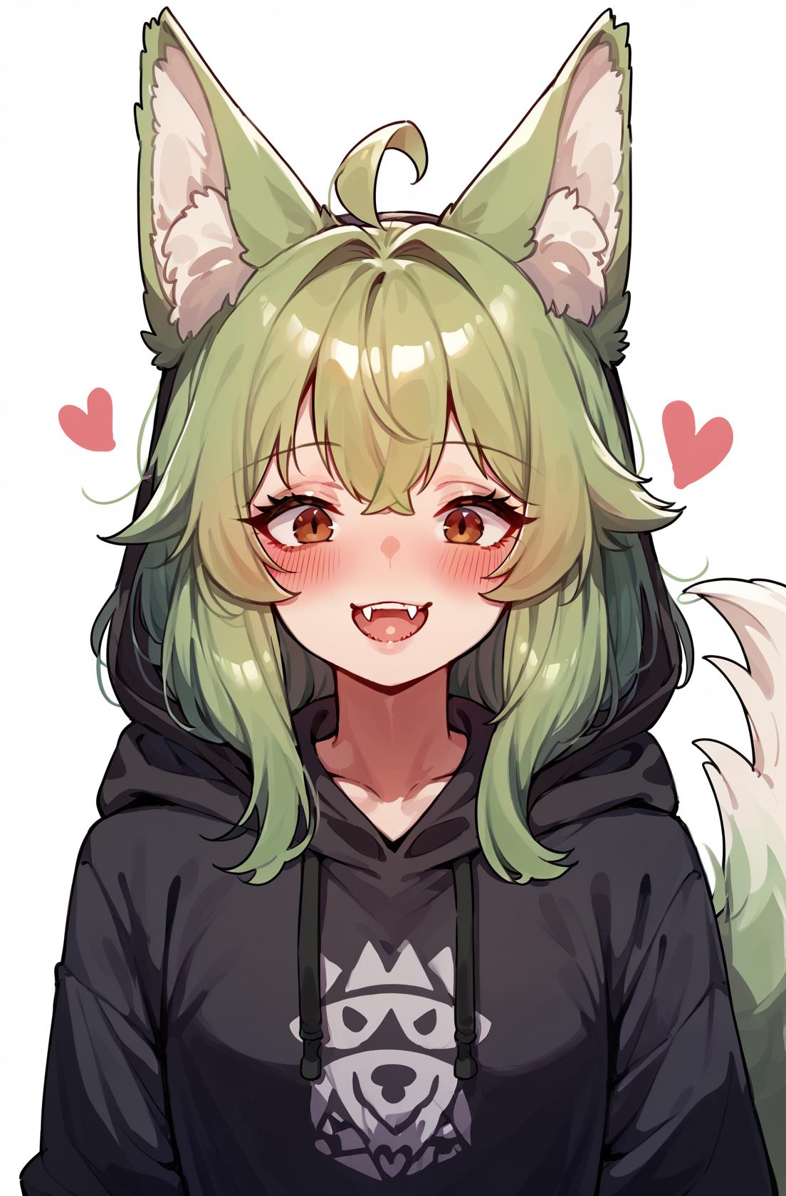 Anime girl with green hair and a hoodie with a cat ears - SeaArt AI
