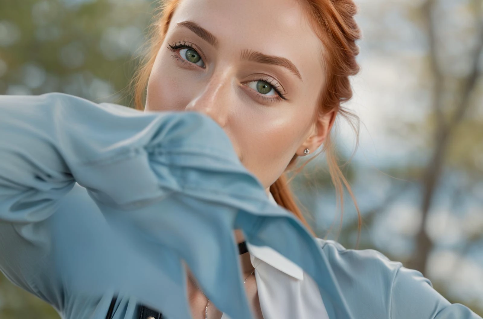 The image is a high-resolution photograph featuring a 21 year old woman with light skin and long, straight red hair that cascades past her shoulders. She has piercing green eyes. She is outdoors, with a blurred background of green foliage and blue sky, suggesting a natural setting. The woman has a slender physique and small, perky breasts with light pink areolas. She is topless, with her breasts exposed and toned abs. She wears a delicate silver necklace with a small cross pendant. Around her neck, she also has a black leather choker with a small, decorative pendant. Her body is clad in a black leather harness. Her expression is calm and confident, with a slight smile on her lips. The lighting is natural, highlighting the smooth texture of her skin and the softness of her hair. The photograph is likely taken during the daytime, indicated by the clear, bright sunlight. The overall mood is serene and intimate, focusing on the natural beauty of the subject and the outdoor setting. The photograph aims to capture a natural, unfiltered portrayal of the subject in a candid, artistic manner. <lora:Detailed_nipples_xl:1> <lora:EleonoraV2:.4>