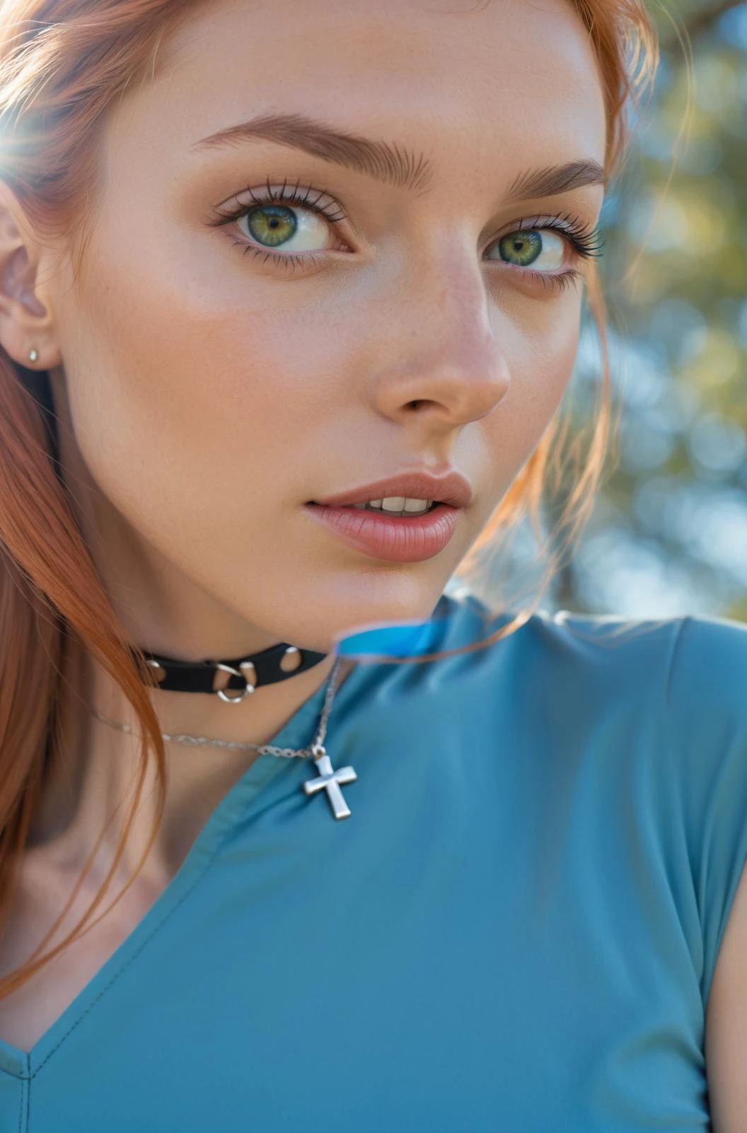 The image is a high-resolution photograph featuring a 21 year old woman with light skin and long, straight red hair that cascades past her shoulders. She has piercing green eyes. She is outdoors, with a blurred background of green foliage and blue sky, suggesting a natural setting. The woman has a slender physique and small, perky breasts with light pink areolas. She is topless, with her breasts exposed and toned abs. She wears a delicate silver necklace with a small cross pendant. Around her neck, she also has a black leather choker with a small, decorative pendant. Her body is clad in a black leather harness. Her expression is calm and confident, with a slight smile on her lips. The lighting is natural, highlighting the smooth texture of her skin and the softness of her hair. The photograph is likely taken during the daytime, indicated by the clear, bright sunlight. The overall mood is serene and intimate, focusing on the natural beauty of the subject and the outdoor setting. The photograph aims to capture a natural, unfiltered portrayal of the subject in a candid, artistic manner. <lora:Detailed_nipples_xl:1> <lora:EleonoraV2:.4>