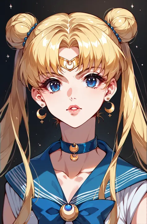 score_9,score_8_up,score_7_up,score_6_up,score_5_up,score_4_up rating_safe, 1girl,solo,long hair,looking at viewer,blue eyes,blonde hair,twintails,jewelry,earrings,parted lips,choker,hair bun,lips,double bun,makeup,portrait,crescent earrings,tsukino usagi,sailor moon <lora:Lora_ciloranko-artist-v1:0.8> ach_ciloranko-artist, chromatic aberration