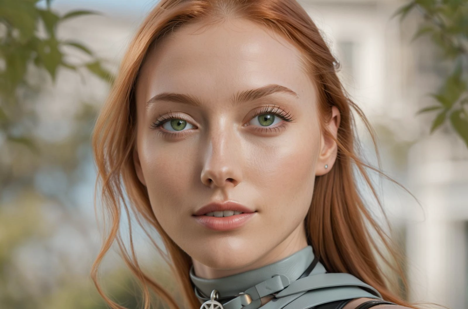 The image is a high-resolution photograph featuring a 21 year old woman with light skin and long, straight red hair that cascades past her shoulders. She has piercing green eyes. She is outdoors, with a blurred background of green foliage and blue sky, suggesting a natural setting. The woman has a slender physique and small, perky breasts with light pink areolas. She is topless, with her breasts exposed and toned abs. She wears a delicate silver necklace with a small cross pendant. Around her neck, she also has a black leather choker with a small, decorative pendant. Her body is clad in a black leather harness. Her expression is calm and confident, with a slight smile on her lips. The lighting is natural, highlighting the smooth texture of her skin and the softness of her hair. The photograph is likely taken during the daytime, indicated by the clear, bright sunlight. The overall mood is serene and intimate, focusing on the natural beauty of the subject and the outdoor setting. The photograph aims to capture a natural, unfiltered portrayal of the subject in a candid, artistic manner. <lora:Detailed_nipples_xl:1> <lora:EleonoraV2:.4>