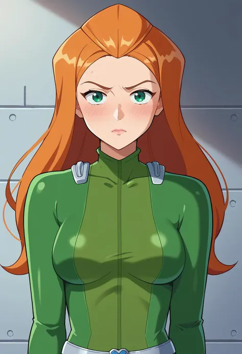 score_9, score_8_up, score_7_up, score_6_up, score_5_up, score_4_up, BREAK source_anime, 1girl, sam \(totally spies\), orange hair, long hair, green eyes, green bodysuit, belt, blush, expressionless, fall, blurry foreground <lora:brj-sam-ponyXL-v0.5:1>