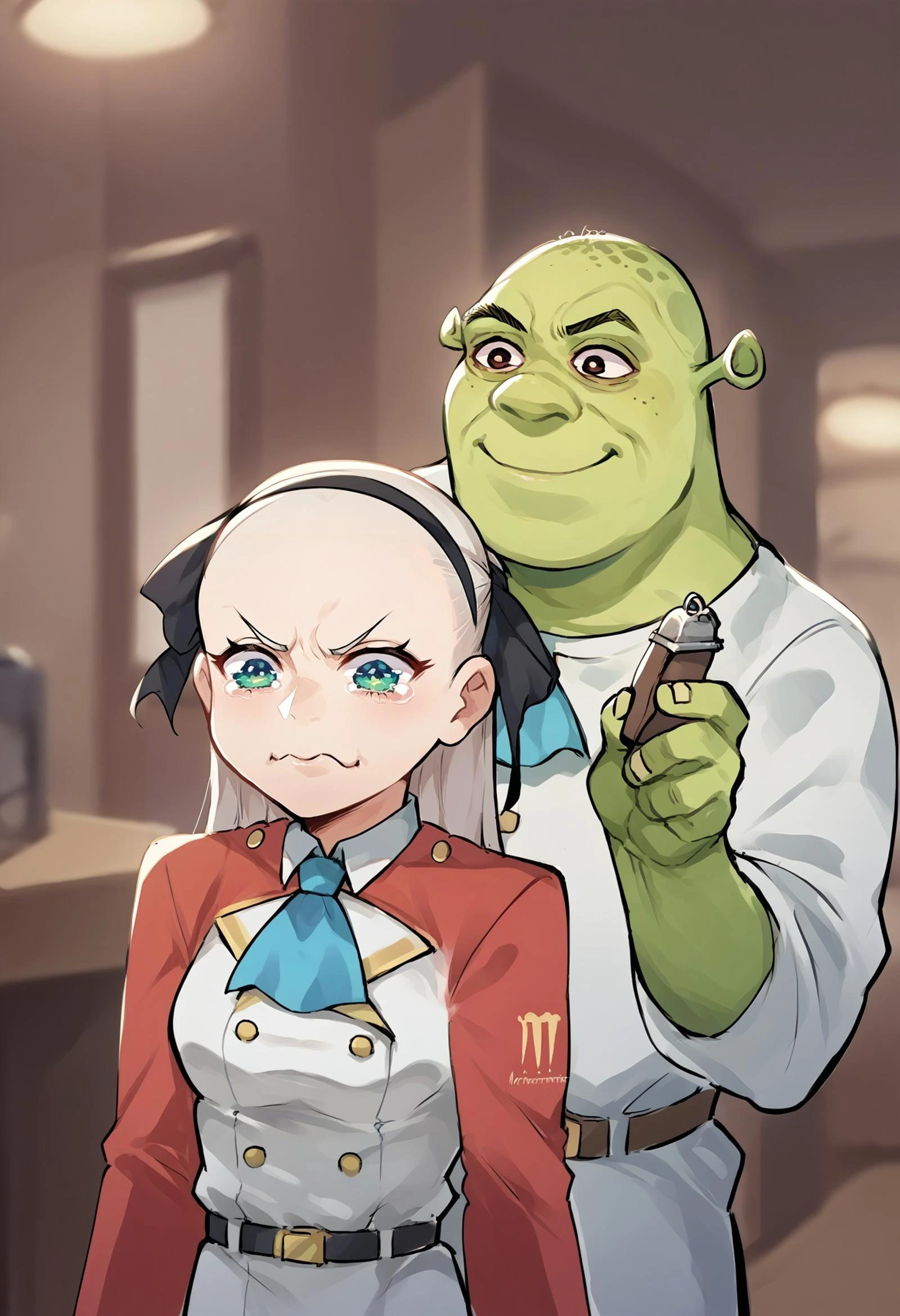 score_9, score_8_up,score_7_up, source_anime,IncrsHaircutMeme, 2girls,
BREAK
room,,
BREAK
smile, holding, shrek, green skin,
BREAK
zeroElie, black hairband, hair ribbon, long hair, ascot, uniform, long red sleeves, white dress, pencil skirt, belt, black pantyhose,aquacrying, wavy mouth, closed mouth, tearing up, bald, upper body,
<lora:HaircutMeme_XLPD:1> <lora:Shrek_XLPD:0.65> <lora:elie-pdxl-nvwls-v1:0.85>, <lora:concept_aquacrying_ponyXL:0.8>