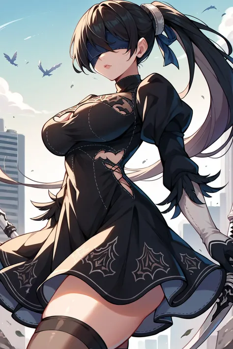 score_9, score_8_up, score_7_up, score_6_up, source_anime, 1girl, solo, <lora:sbeve-pdxl-nvwls-v1-000006:1> defEve, black hair, long ponytail, 2b_(nier_automata) cosplay, blindfold, looking at you, black dress, blue sky, city, big breasts, black thighhighs