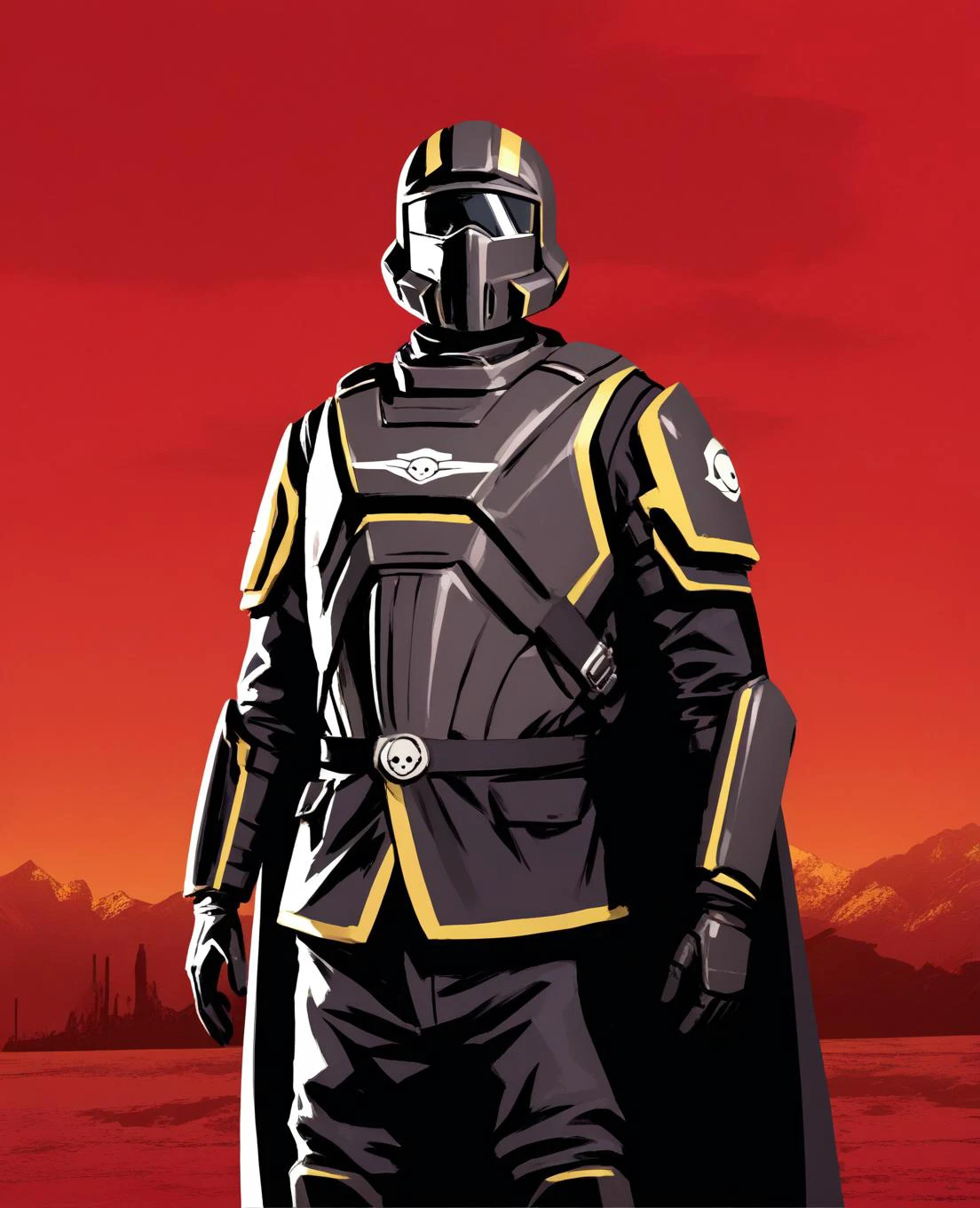 rdr, red landscape background, red clouds, city in the background, cowboy shot, male focus, <lora:fallen_ai_PONY_RED_DEAD_REDEMPTION_style:1>
<lora:HelldiversXL:0.8> helldiver, helmet, armor, cape,, BREAK source_9, source_8_up, source_7_up, source_6_up,