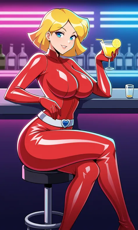 score_6_up, source_cartoon, bar, club, neon signs, rgb, colorful lights, neon glow, glow, cinematic lighting, drink, lemon, lights, 1girl, solo, sharp eyes, red latex suit, big ass, (curvy),big breasts, sitting on stool, legs crossed, from front,clover \(totally spies\), blonde hair, short hair, blue eyes , red bodysuit, belt, hand on counter, seductive, <lora:brj-clover-ponyXL-v0.6:0.7>