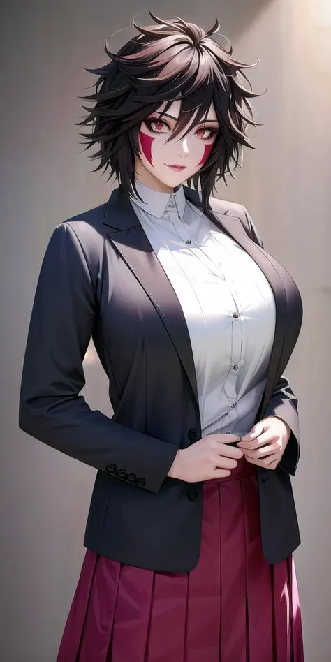 <lora:InuzukaTsumeV1:0.8> InuzukaTsume, huge_breasts, standing, solo, facial_tattoo, skirt_suit,, masterpiece, best_quality, detailed_face, detailed_eyes, highres, beautiful, detailed, absurdres,