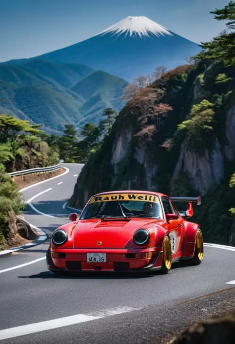 cinematic photo of a rwb964 car driving on a twisty mountain road <lora:rwb964-XL-v1.0:0.85>, japan, text on windshield reads: "RAUH-Welt", highly detailed, photography, 35mm film, still, highly detailed, professional, 35mm film, moviel