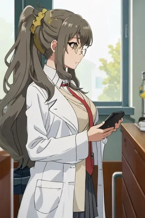 best quality, masterpiece, highres, solo, {futaba_rio_seishunbutayarou:1.15}, long_hair, brown_hair, brown_eyes, glasses, necktie, 1girl, cellphone, holding, holding_phone, indoors, labcoat, phone, profile, , large_breasts, smartphone, window