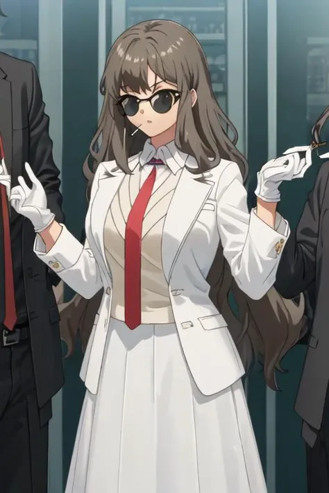 best quality, masterpiece, highres, solo, {black business suit:1.40}, {tie:1.20}, {sunglasses:1.25}, {white gloves:1.15}, {white shirt:1.10}, {black skirt:1.15}, {smoking:1.20}, handsome, {yukina_kiritani_imocho:1.15}, ponytail, brown_hair, long_hair, hair_ribbon, ribbon, red_ribbon, red_eyes