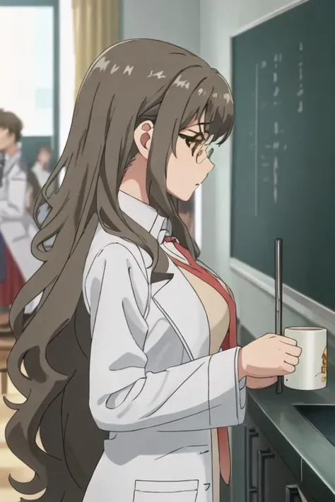 best quality, masterpiece, highres, solo, {futaba_rio_seishunbutayarou:1.15}, long_hair, brown_hair, brown_eyes, glasses, necktie, 1girl, breasts, cup, holding, labcoat, large_breasts, profile, indoors, mug, holding_cup, upper_body, from_side