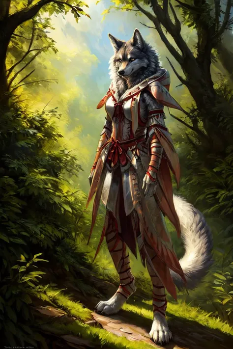 character portrait of a sexy, adult, (female:1.4), (anthro:1.2), wolf, amatsu armor, blademaster, thin, hi res, photorealism, soft shading, presenting pussy, (detailed eyes:1.1), beautiful eyes, (masterpiece:1.2), detailed face,  good anatomy, detailed fur, 1tail, tail, cinematic lighting, ultradetailed, professional photography, hdr, 3d, lifelike, cinematic, realistic, hyper detailed, maximum detail, volumetric light, by kenket , ross tran, michael & inessa garmash, pino daeni, ruan jia, wolfy-nail, soft fluffy fur, breasts, athletic, solo, (realistic fur, fur, realistic fur texture:1), detailed background, photorealistic, hyper realistic, standing, outdoors, forest,