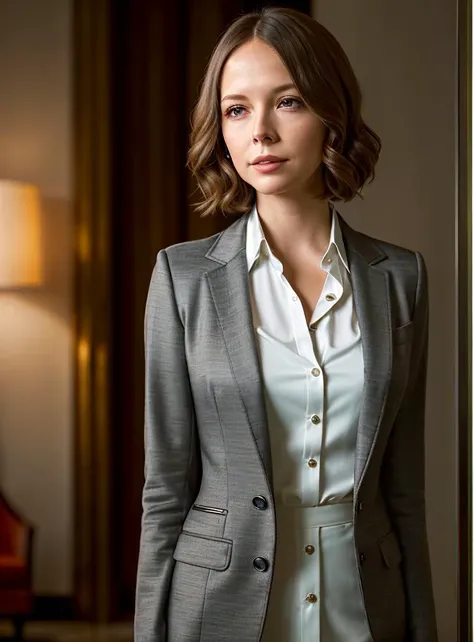 dianekeaton, a elegant woman, in a (hotel-lobby:1.2), wearing a (shirt:1.15) and a (blazer:1.1), makeup, (led-lights), (8k, best quality, depth of field, ultra high res:1.2), (absurdres, intricate, photorealistic, masterpiece, ultra-detailed, Unreal Engine:1.3)