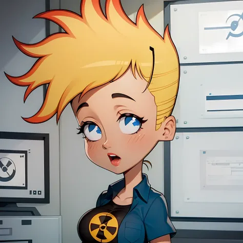 ((masterpiece, best quality)),(complex light),1girl, solo, portrait, jenny test, <lora:FemaleJohnnyTest4XXL:0.7>,blonde hair,blue eyes, midriff, open shirt, short hair, radiation symbol on shirt, lipstick,