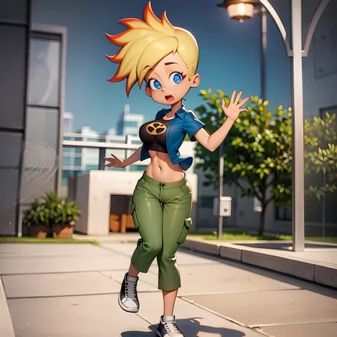 ((masterpiece, best quality)),(complex light),1girl, solo, full body, jenny test,  <lora:FemaleJohnnyTest4XXL:0.6>,blonde hair,blue eyes, pants, running, midriff, open shirt, tank top, short hair, short sleeves shirt,