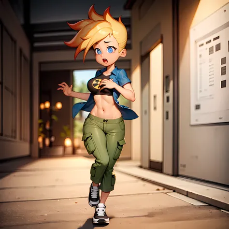 ((masterpiece, best quality)),(complex light),1girl, solo, full body, jenny test, <lora:FemaleJohnnyTest4XXL:0.6>,blonde hair,blue eyes, pants, running, midriff, open shirt, short hair,