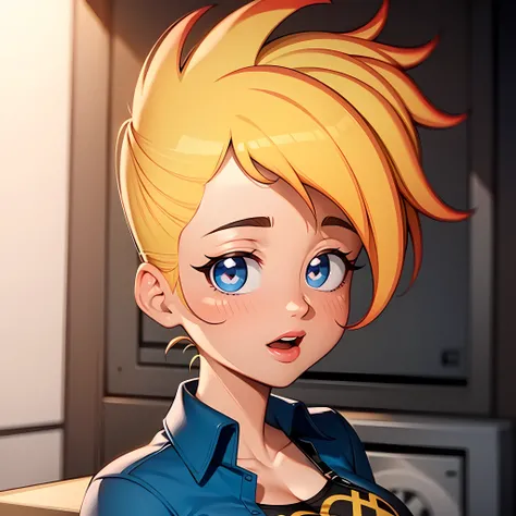 ((masterpiece, best quality)),(complex light),1girl, solo, portrait, jenny test,  <lora:FemaleJohnnyTest4XXL:0.6>,blonde hair,blue eyes, midriff, open shirt, short hair, radiation symbol on shirt, lipstick,