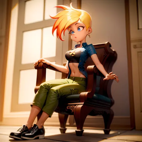 ((masterpiece, best quality)),(complex light),1girl, solo, full body, jenny test,<lora:JennyTest1-10_0.6+JennyTest4-10_0.8:0.6>,blonde hair,blue eyes, pants, midriff, black shirt, open shirt, short hair, sitting, on throne, throne room,