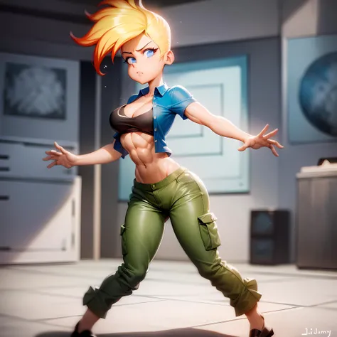 ((masterpiece, best quality)),(complex light),1girl, solo, full body, jenny test,<lora:JennyTest1-10_0608:0.6>,blonde hair,blue eyes, pants, midriff, black shirt, open shirt, short hair, abs, muscular, angry, dust cloud, light particles,strong,