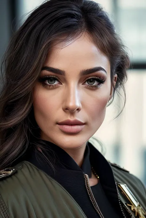 beautiful woman (EPN4d1n3Nj31m:.99), perfect hair, jewellery, ((portrait)), (closeup:1.2), ((from the waist up)), (((  office[::1] :1.2 ))), natural skin texture,  ((  Bomber Jacket :1.2)), ((wearing Military Epaulette :1.3 )), 24mm, 4k textures, soft cinematic light, adobe lightroom, photolab, hdr, intricate, elegant, highly detailed, sharp focus, ((((cinematic look)))), soothing tones, insane details, intricate details, hyperdetailed, low contrast, soft cinematic light, exposure blend, hdr, faded, now, ("I've got a bad feeling about this.":1.1)