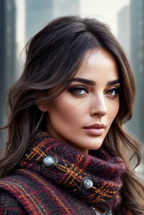 beautiful woman (EPN4d1n3Nj31m:.99), perfect hair, jewellery, ((portrait)), (closeup:1.2), ((from the waist up)), ((( dressing room :1.2 ))), natural skin texture, (( Futuristic dystopian city viewpoint featuring robotic street food vendors :1.2)), ((wearing Plaid Wool Scarf :1.3 )), 24mm, 4k textures, soft cinematic light, adobe lightroom, photolab, hdr, intricate, elegant, highly detailed, sharp focus, ((((cinematic look)))), soothing tones, insane details, intricate details, hyperdetailed, low contrast, soft cinematic light, exposure blend, hdr, faded, now, ("I've got a bad feeling about this.":1.1)