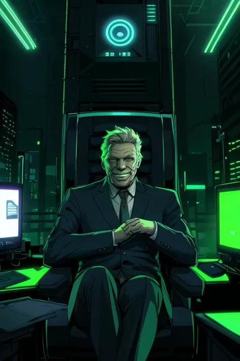 portrait, 1boy, old man, office suit, futuristic city, cyberpunk, neon lights, sitting in chair, looking at viewer, light smirk, amicable face expression, best quality, <lora:hadesStyle_smal:0.9>, hadesstyle