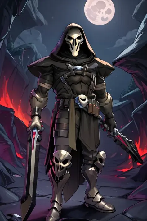 capuz, skull, esqueleto, solo, 1boy, foco masculino, fogo, roup, capuz para cima, capa, parte superior do corpo, nome de direitos autorais, fundo preto, skull face, skull tattoo on facezdeath, alma, ceifador da alma, segurando uma katana, soldador syth, no visible face, armadura completa