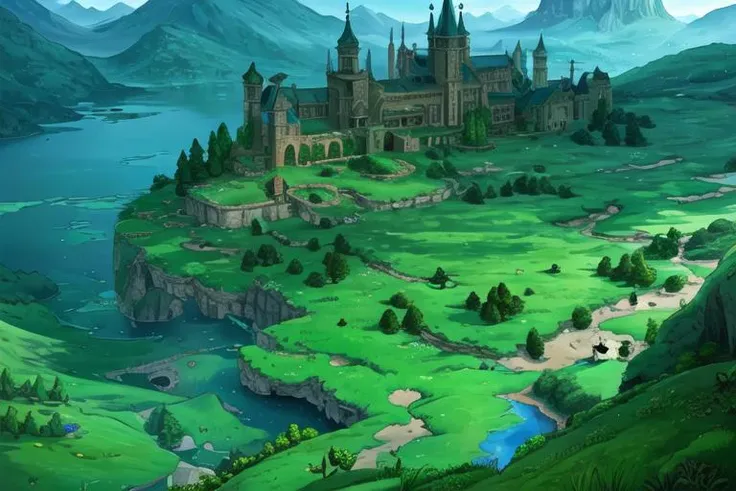 fantasy medieval castle, lake with reflection, forrest in background, masterpiece, best quality, <lora:hadesStyle_smal:1>