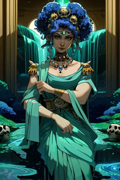 portrait, 1girl, mature, toga, dress, emerald laurels crown, armbands, stern, forehead jewel, afro hairstyle, looking at viewer, neutral face expression, greek palace background, hands behind neck, seductive pose, waterfall, skulls, sunlight, best quality, <lora:hadesStyle_small:1>