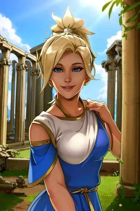 portrait, waist up, mercy, high ponytail, toga, dress, greek goddess, greek ruins, looking at viewer, smile, sky, sunlight, best quality, <lora:mercy:0.6>, <lora:hadesStyle_smal:0.8>