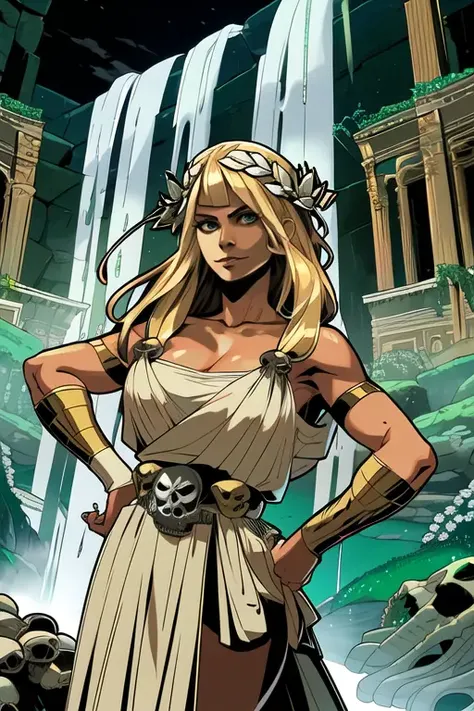 portrait, 1girl, mature, toga, dress, emerald laurels crown, armbands, stern, long blonde hair, looking at viewer, regal face expression, greek palace background, waterfall, skulls, sunlight, best quality, hands on hips, <lora:hadesStyle_big:0.9>, hadesstyle