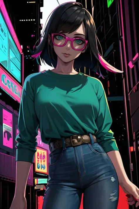 portrait, waist up, 1girl, shot bob hair, dark hair, glasses, bubblegum, shirt, jeans, futuristic city, street, neon lights, cyberpunk, best quality,  <lora:hadesStyle_big:0.7>