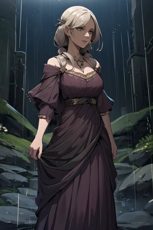 1girl, mature, dress, rain, moonlight, best quality, <lora:hadesStyle_big:0.7>, hadesstyle