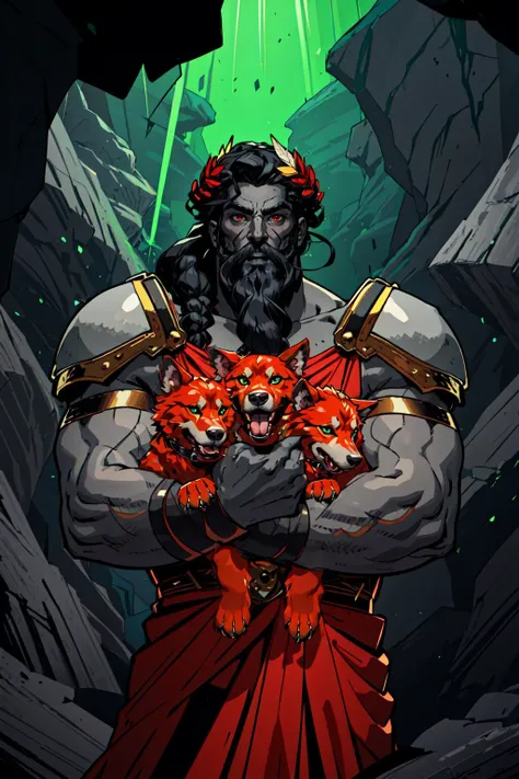 masterpiece, best quality, hadesstyle, 1boy, cowboy shot, hades king of the underworld, (hand in front, fist, holding a puppy), black hair, long black beard, braided beard, (grey skin:1.5), (feather crown), red toga, shoulder armor, red eyes, BREAK
looking at viewer, from below, (backlighting), (dark cave background, green light:1.2, green cave)

<lora:hadesStyle:0.8>