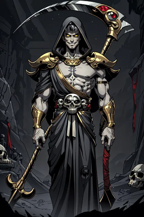 masterpiece, best quality, hadesstyle, thanatos, 1boy, solo, cowboy shot, pale grey skin, holding scythe, ((short white hair, yellow eyes)), hooded toga, skull belt, wing-shaped shoulder armor, black toga, elegant jewelry, handsome, looking at viewer, smirk, standing in a tombstone hall of the undead, grey cave, darkness
<lora:hadesStyle:0.7>