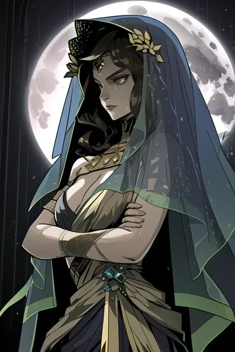 waist up, 1girl, mature, dress, wavy brown hair, arrogant facial expression, laurels crown, crossed arms, veil, rain, moonlight, best quality, <lora:hadesStyle_smal:1>
