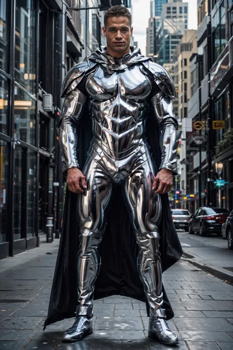 modern city street, glass skyscrapers, muscular ((matthew_rush)), slight smile, chr0me4rmor, wearing chrome exosuit, dynamic pose, cape, fighting stance, realistic, intricate details, detailed background, depth of field, masterpiece, (((full body portrait))), ((full body)), wide angle, longshot, highly detailed, (high skin detail), (high face detail), ((photorealistic)),  <lora:Clothing - Chrome Armor:0.7> <lora:matthew_rush:1>