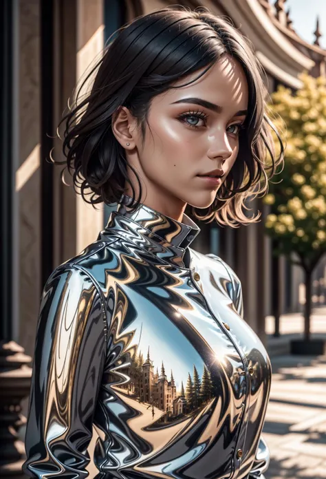 (award winning 64k concept art:1.2) of (black young woman:1.2) in fasion open short light dress on the street, sweet, posing, front, epic, god rays, centered, upper body, (masterpiece:1.2), (best quality:1.3), Amazing, highly detailed, beautiful, finely detailed, warm soft color grading, Depth of field, extremely detailed 64k, fine art, stunning, iridescent, (shiny:1.4), (light reflections:1.3), (crisp:1.6), silver short curls, spring, vibrant, sunlit, (edge detection:1.4), absurdres, impressive, 120mm, glittering, extremely clear, lens flare