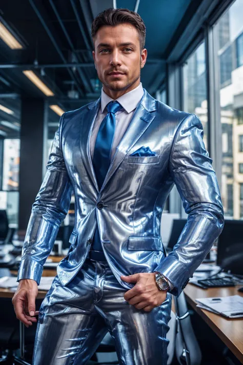 Fullbody standing picture of white skin Handsome muscular horny sexy groom wearing tight skinny shiny iridescent vinyl suit with tie, shiny black Disconnected Pompadour oiled hair style, blue eyes, shiny varnished vinyl brown shoes, brown belt, red lip, chain, tattoos, horny, cum shot, sperm, milking penis, very big penis, very big testicle, shiny oiled skin, orgasm, oversexed, masturbation, standing at white lighting show room.