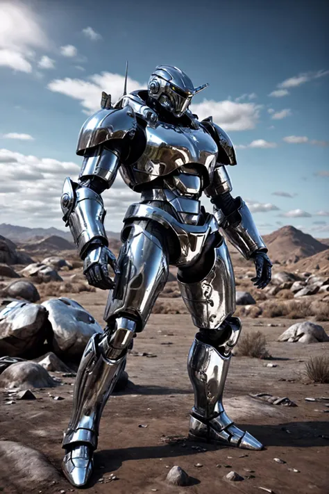 chr0me4rmor, photo of a chrome giant battle mech, wasteland