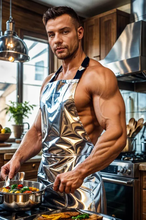 chr0me4rmor, photo of a (Polish man), wearing chrome naked apron, fantasy scifi city background, cooking in the kitchen, dynamic pose, realistic, masterpiece, intricate details, detailed background, depth of field,